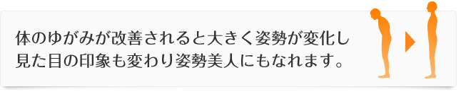 体のゆがみが改善されると大きく姿勢が変化し、見た目の印象も変わり姿勢美人にもなれます